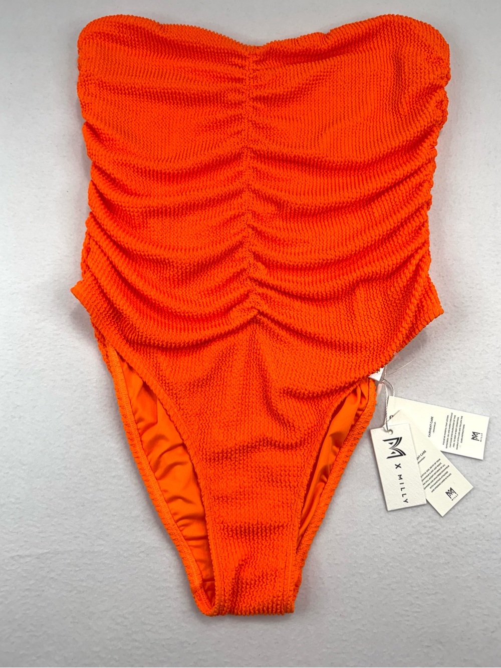M x Milly Orange Bandeau Textured Ruched One Piece Swimsuit NWT Size Large